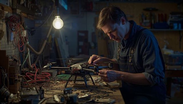 Technician assembling quadcopter drone in dimly lit workshop