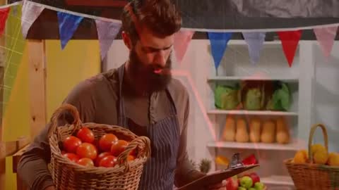Vendor Managing Inventory at Market with Full Basket of Tomatoes
