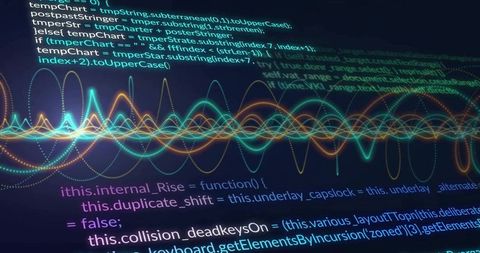 Futuristic javascript coding with neon waveforms