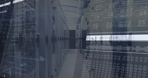 Encrypted server aisle concept datacenter security visualization with code and hex overlay