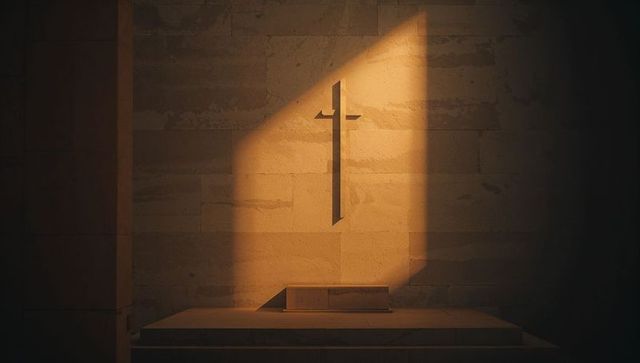 Sunbeam Illuminating Altar with Carved Cross in Chapel