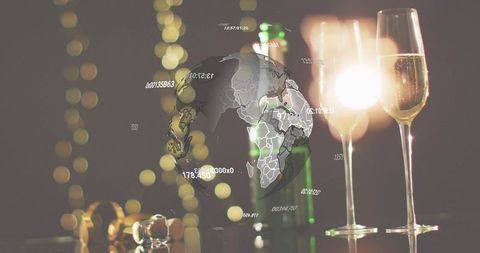 Global Toast: Champagne Flutes with Digital Globe Overlay and Festive Bokeh Lighting Vibe