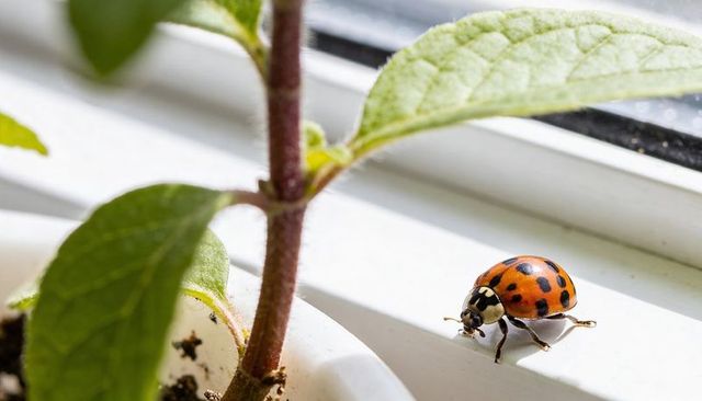 Crawling orange-spotted ladybug exploring sunlit windowsill beside young potted plant