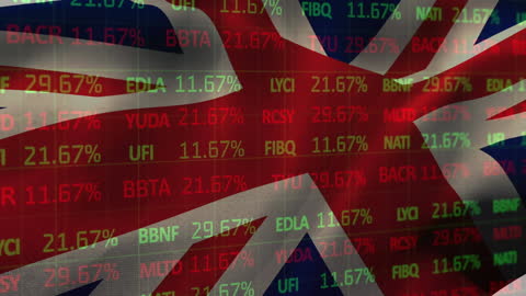 UK Flag Overlay with Digital Stock Market Data Graphics