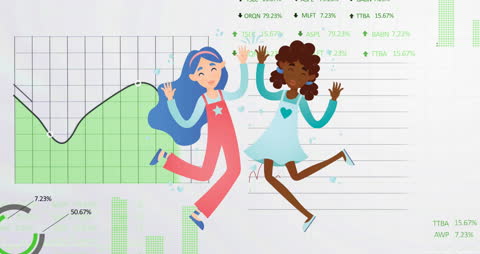 Animated Multiracial Girls Dancing Over Financial Graphs
