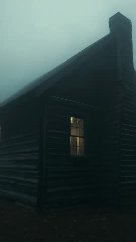 Vertical panning across foggy log cabin with glowing window in moody forest clearing