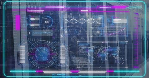 Futuristic Holographic UI Panel with World Map and Analytics