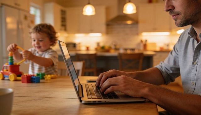 Working from home parent typing on laptop while toddler playing with toys in kitchen