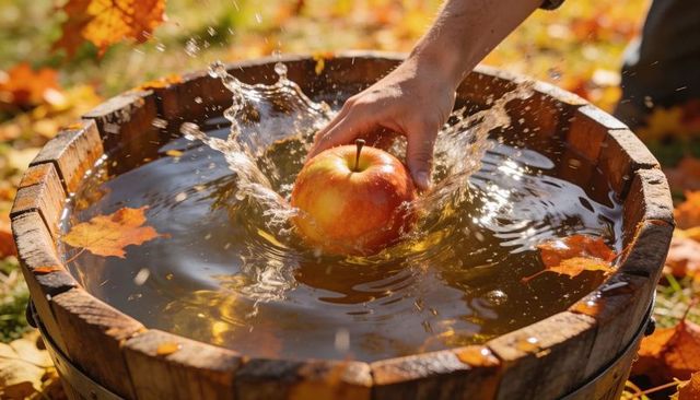Autumn apple bobbing in wooden barrel with hand splash, water ripples and golden leaves