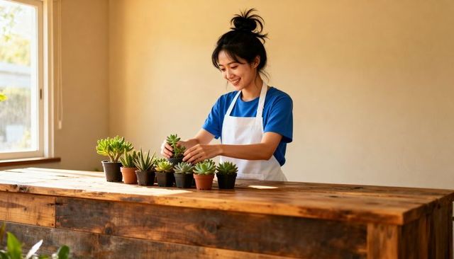 Smiling woman arranging potted succulents on rustic wooden counter in plant shop