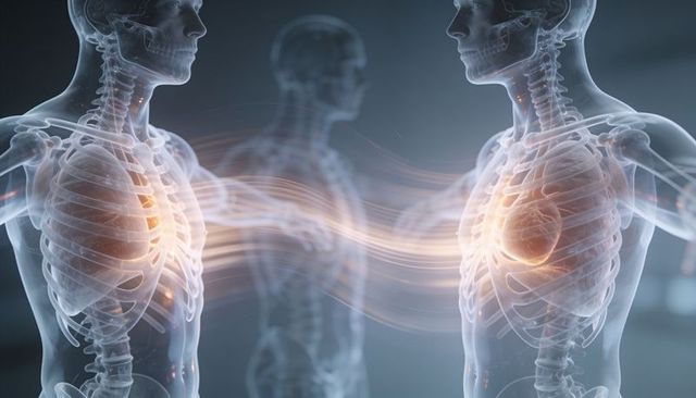 Translucent torso anatomy linking chest light flow medical data visualization