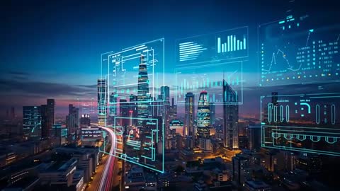 Futuristic Smart City HUD Overlaying Nighttime Metropolis with Traffic Light Trails