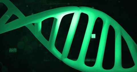 Glowing neon green dna double helix close-up conveying futuristic genetics and genomics