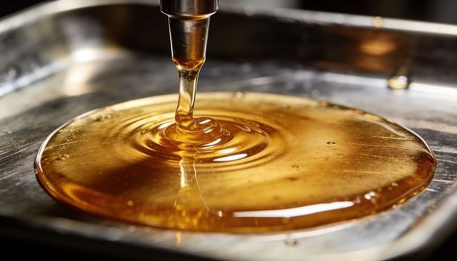 Pouring amber syrup forming glossy honey-like pool on stainless steel tray macro closeup