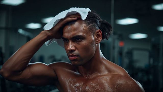 Muscular shirtless man wiping sweat with towel after intense gym workout, moody lighting