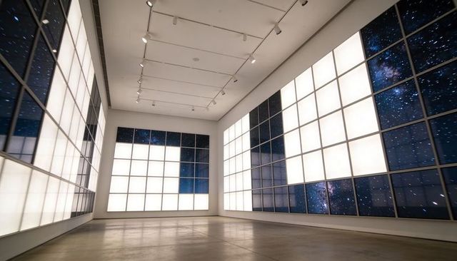 Minimal gallery installation featuring illuminated grid light panels and starfield wall displays