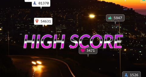 Digital High Score with Social Media Interaction Over Cityscape at Sunset