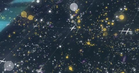 Glittering particle field across digital night sky with bokeh orbs and grid depth