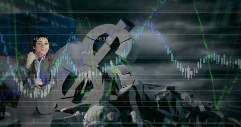 Businesswoman in storm amidst falling currency and graphs