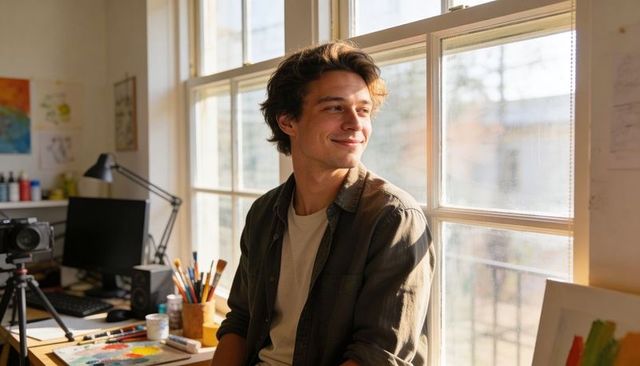 Young artist gazing out sunlit studio window with paintbrushes and palette