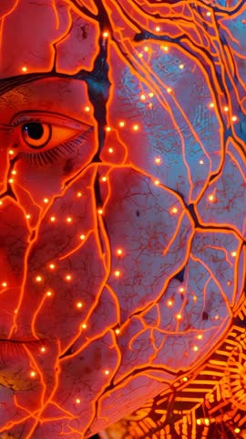 Glowing Cybernetic Face Opening Sequence with Pulsing Red Veins - Vertical Video
