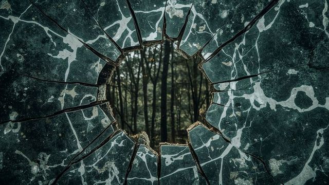 Forest view through shattered glass pane