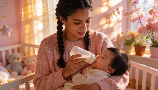 Warm morning bottle-feeding moment: mother with braids cradling infant in pink nursery sunlight