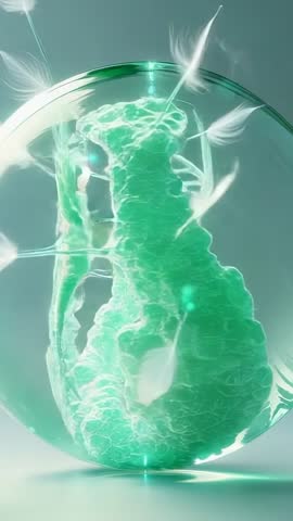 Vertical CGI revealing glass orb with morphing green neural network and floating feathers