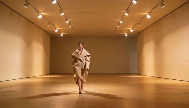 Model Walking in Minimalist Gallery Wearing Sculptural Beige Coat Casting Dramatic Shadow