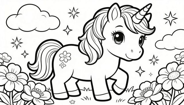 Playful unicorn foal prancing in flower meadow coloring page line art for kids crafts