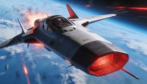 Futuristic fighter spacecraft soaring above earth with red plasma exhaust and cockpit
