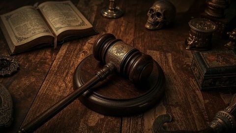 Vintage Legal Desk with Resin Gavel and Ancient Tome