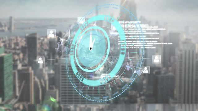 Shows a futuristic digital clock overlaying a cityscape with data connections and icons floating, representing fast-paced global business and technology. Perfect for presentations on urban development, global communication systems, time management solutions, and innovative business strategies.