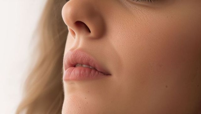 Closeup female lower face showing natural skin texture, soft lips and subtle makeup