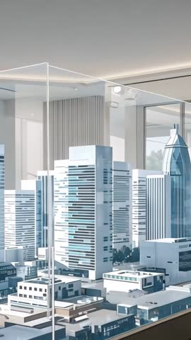 Vertical video panning through showroom displaying glass-encased scale city model and modern skyline
