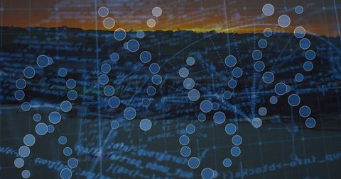 Holographic dna helix network over sunset horizon with code grid and blue nodes