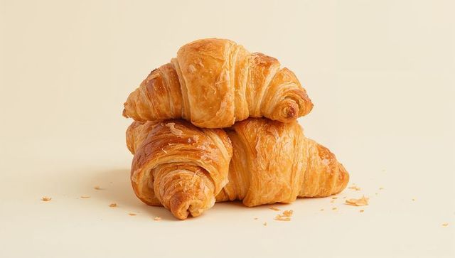 Stacked Golden Croissants on Beige Tabletop with Glossy Flaky Layers and Scattered Crumbs
