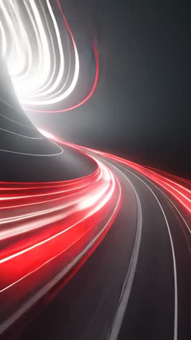 Advancing Through Neon Tunnel of Red and White Light Ribbons, Futuristic Vertical Motion