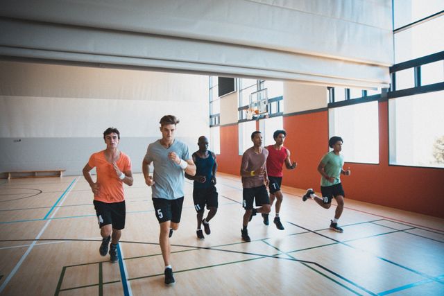 This image shows a group of diverse male basketball players running and exercising on an indoor court. Ideal for use in sports training materials, fitness and health promotions, team-building activities, and athletic apparel advertisements.