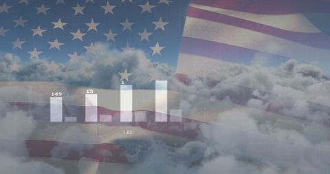 Digital Data Visualization with American Flag and Clouds