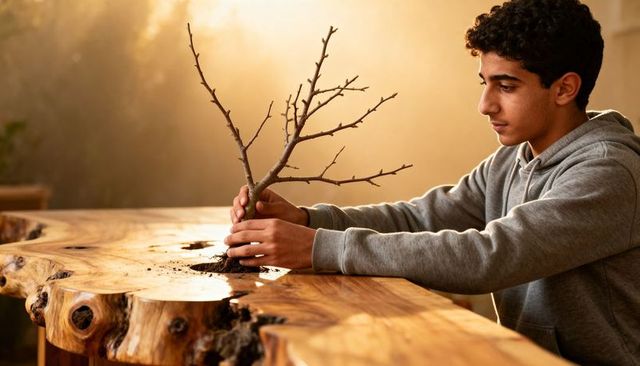 Teen planting bare-root sapling on live-edge bench during golden hour, hands-on gardening