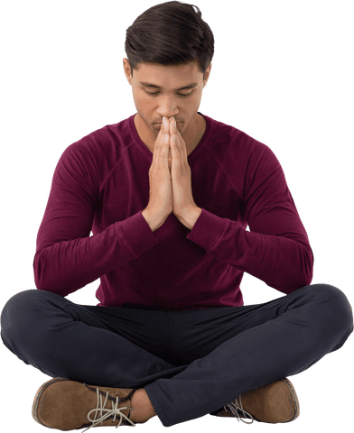 Calm Businessman in Prayer Pose Meditating on Transparent Background