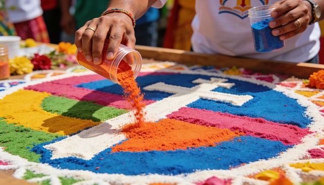 Artisan pouring vibrant colored sand into rangoli cross center during festival celebration