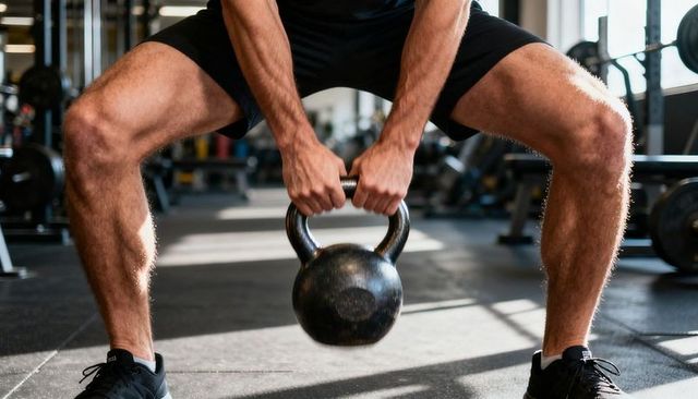 Male Athlete Squatting While Holding Kettlebell for Strength and Functional Training in Gym