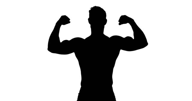 Silhouetted against a plain background, a muscular young man flexes his biceps, showcasing his strength and fitness, with copy space. His pose conveys confidence and the results of dedication to physical training.