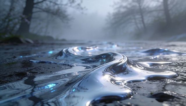 Flowing liquid chrome over forest path with reflective metallic ripples and blue highlights
