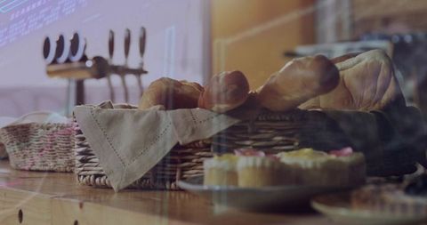 Artisanal Bread and Cupcake Display in Rustic Bakery