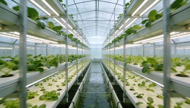 Tiered hydroponic greenhouse aisle with led lighting and water channels growing lettuce
