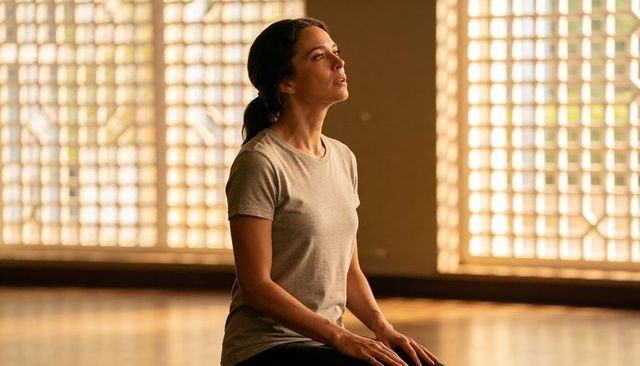 Woman kneeling in studio meditating in warm golden sunlight through geometric lattice