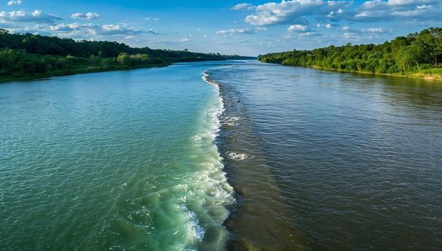 Teal and brown river confluence mixing with foam and whirlpools, aerial landscape